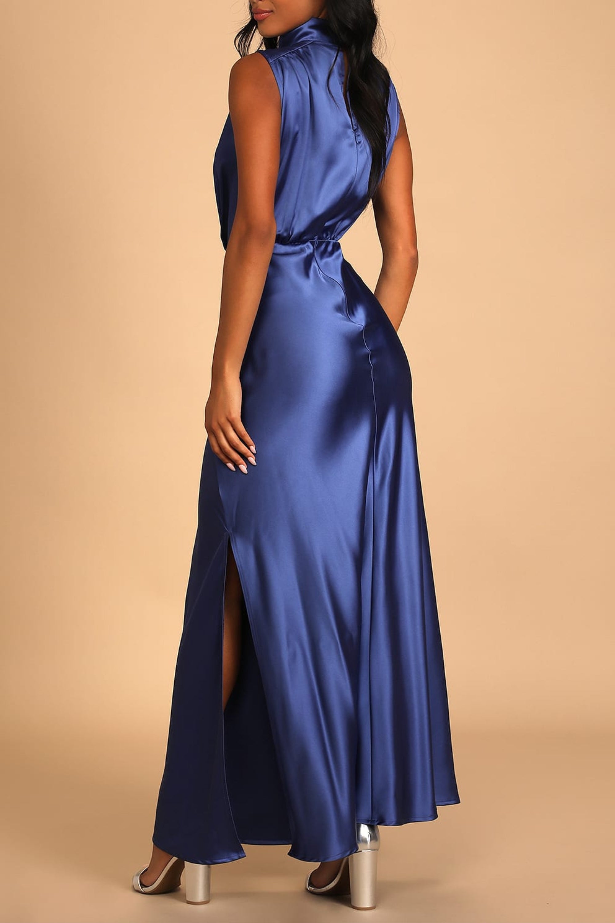 Flowering Girl Women Blue Satin Sleeveless Mock Neck Maxi Dress