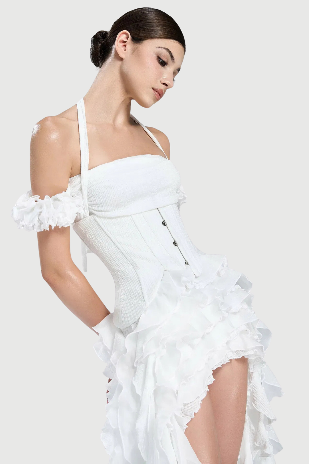 Flowering Girl Women elva halter three-dimensional flower irregular tassel mini dress in white