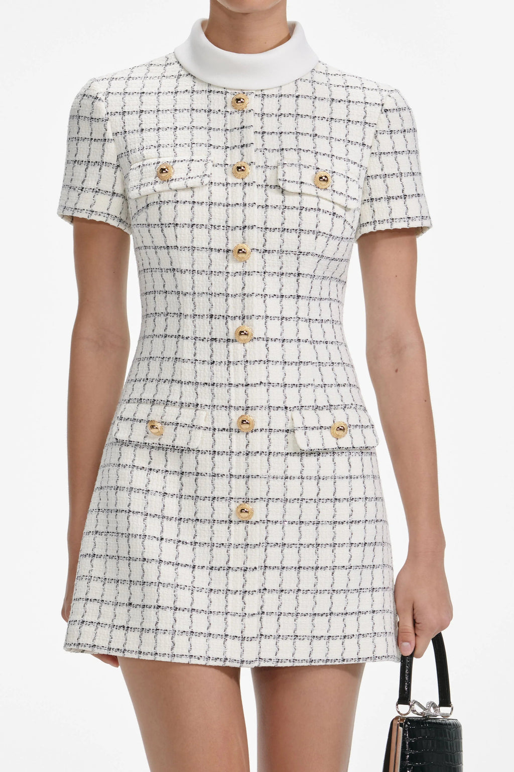 Flowering Girl Women Decorative Buttons Check Mini Dress In White