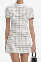 Flowering Girl Women Decorative Buttons Check Mini Dress In White