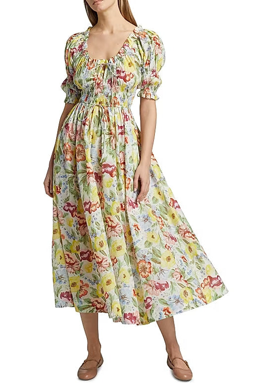Tobey Ischia Floral Smocked Midi Dress