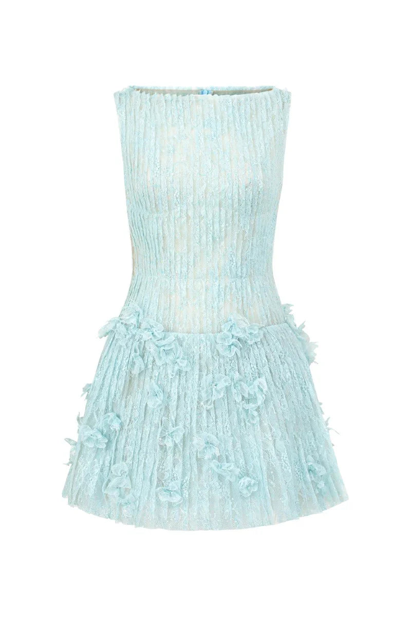 Flowering Girl Women Sleeveless Lace Fabric Mini Dress In Aqua
