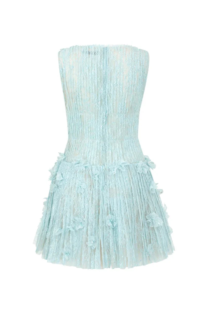 Flowering Girl Women Sleeveless Lace Fabric Mini Dress In Aqua