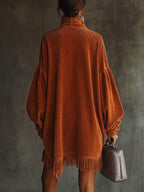 Flowering Girl Women Orange Corduroy Loose Tassel Hem High Collar Dress