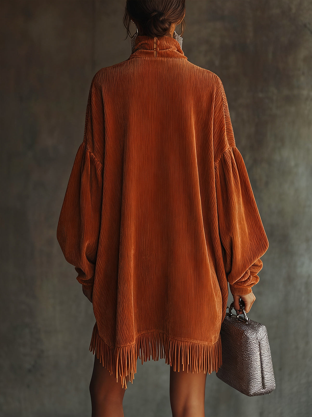 Flowering Girl Women Orange Corduroy Loose Tassel Hem High Collar Dress