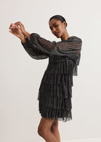 Flowering Girl Women layer chiffon puff mini dress in black
