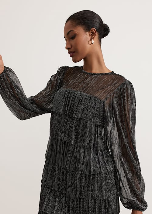 Flowering Girl Women layer chiffon puff mini dress in black