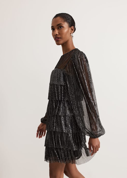 Flowering Girl Women layer chiffon puff mini dress in black