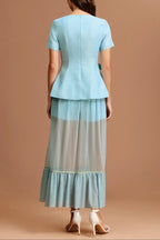 Flowering Girl Women Ursula Blue Short Sleeves Flowers Folds Top And Skirt Two-Piece Set