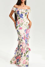Flowering Girl Women Floral Tiered Ruffle Hem Fishtail Maxi Dress