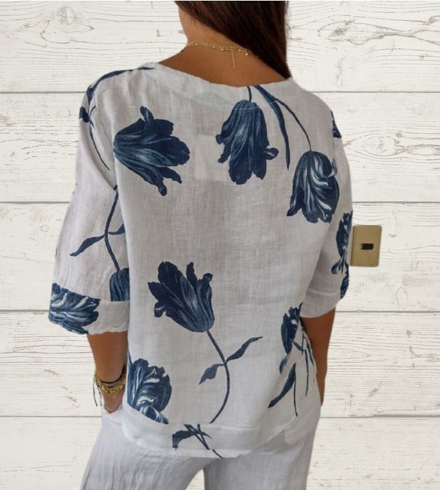 Flowering Girl Women Printed Linen-Cotton V-Neck Pullover Shirt