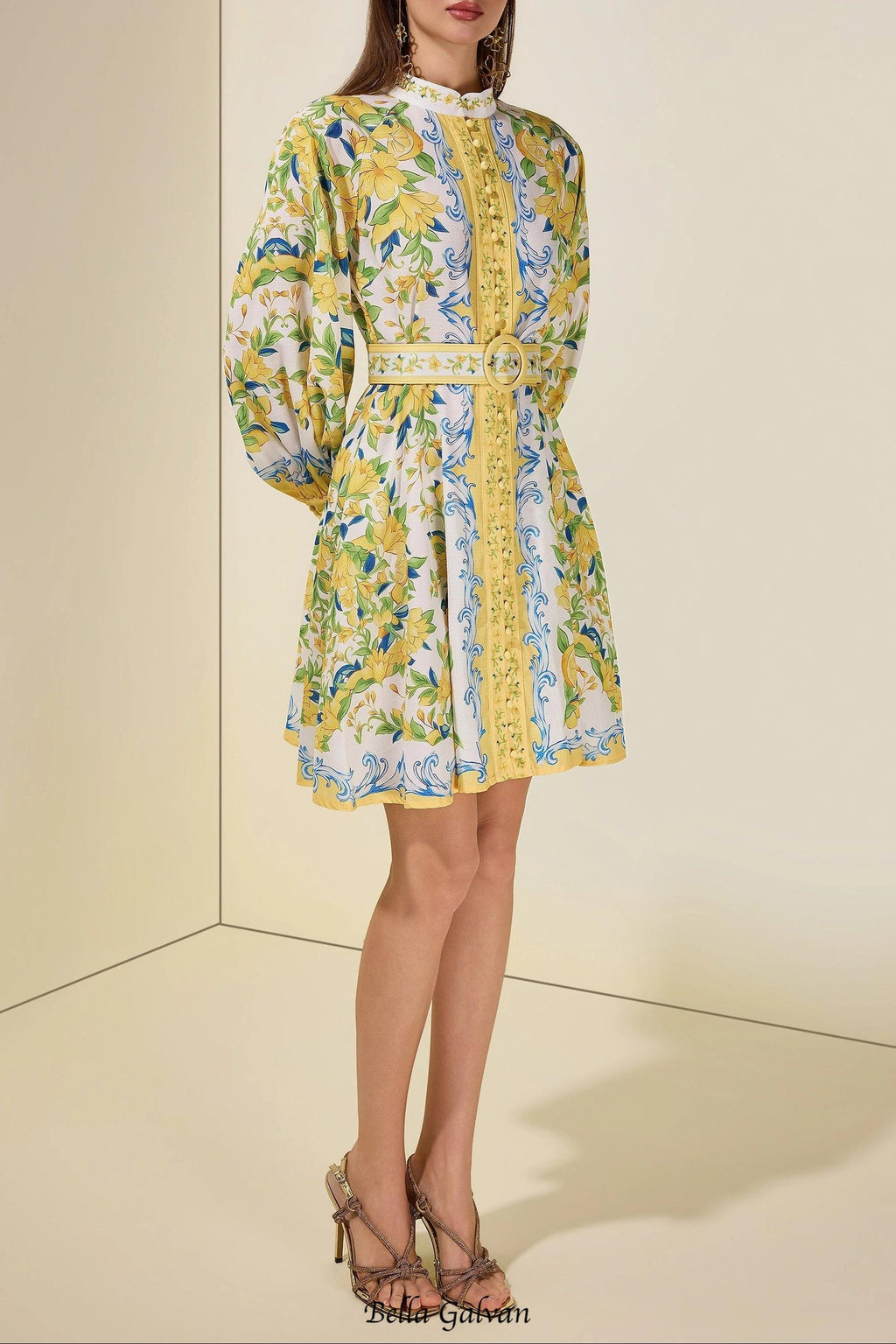 Lemon Floral Single-Breasted Midi Dress With Belt - yellow
