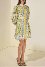 Lemon Floral Single-Breasted Midi Dress With Belt - yellow
