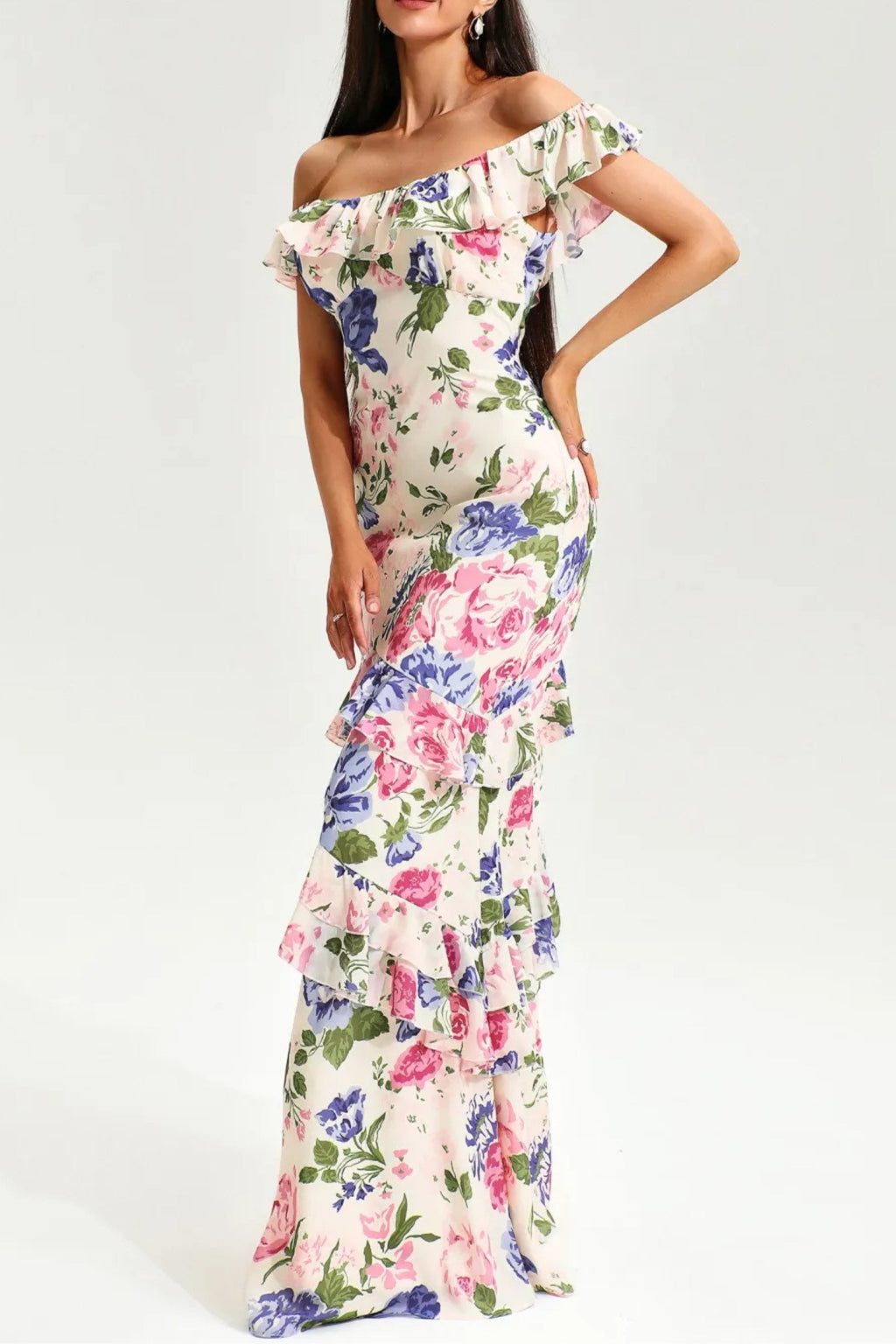 Flowering Girl Women Floral Tiered Ruffle Hem Fishtail Maxi Dress