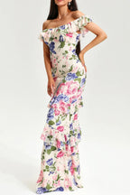 Flowering Girl Women Floral Tiered Ruffle Hem Fishtail Maxi Dress