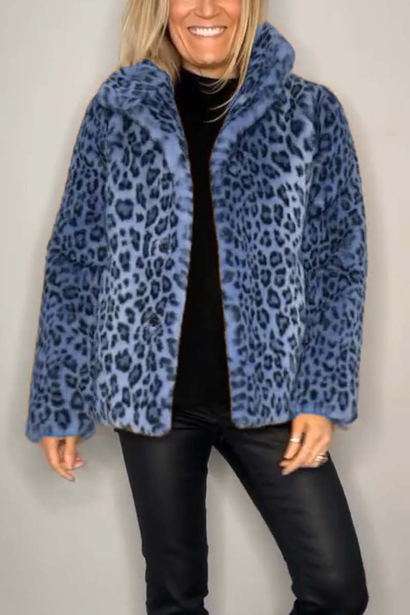 Flowering Girl Women Stylish Leopard Print Lapel Faux Fur Mid-length Coat