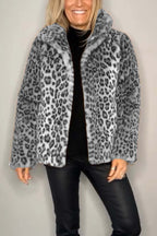 Flowering Girl Women Stylish Leopard Print Lapel Faux Fur Mid-length Coat