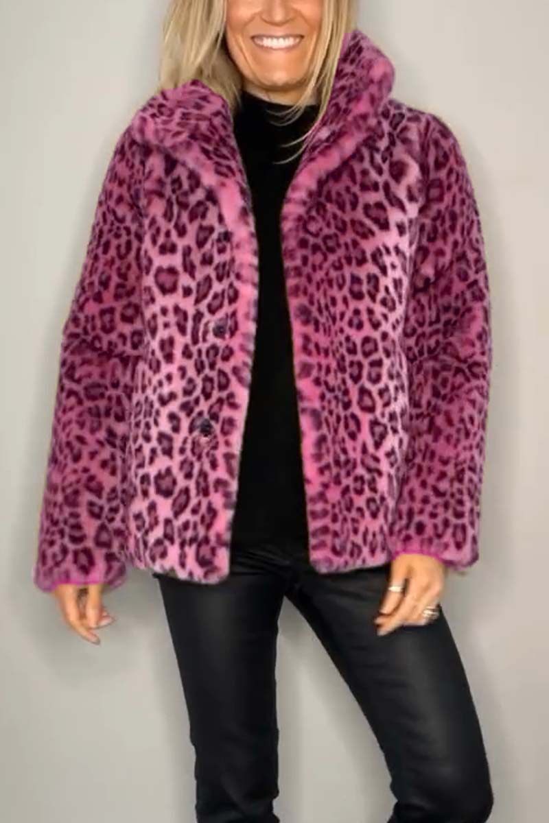 Flowering Girl Women Stylish Leopard Print Lapel Faux Fur Mid-length Coat