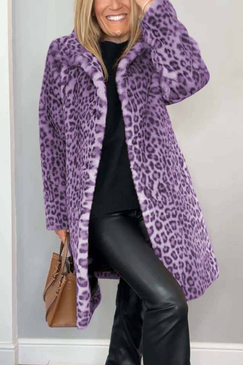 Flowering Girl Women Stylish Leopard Print Lapel Faux Fur Mid-length Coat