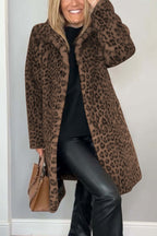 Flowering Girl Women Stylish Leopard Print Lapel Faux Fur Mid-length Coat