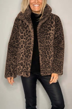 Flowering Girl Women Stylish Leopard Print Lapel Faux Fur Mid-length Coat