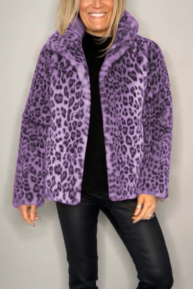 Flowering Girl Women Stylish Leopard Print Lapel Faux Fur Mid-length Coat