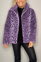 Flowering Girl Women Stylish Leopard Print Lapel Faux Fur Mid-length Coat