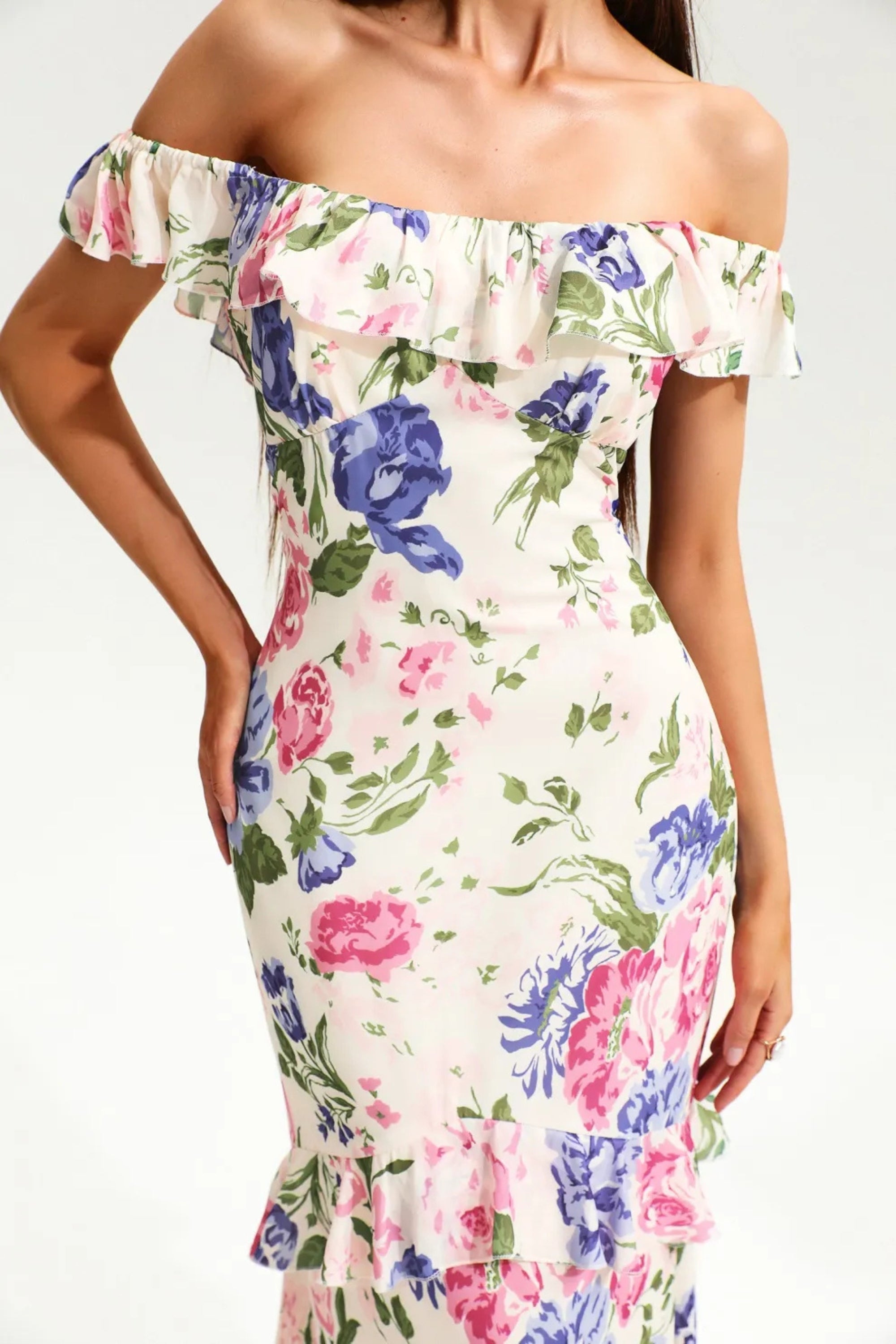 Flowering Girl Women Floral Tiered Ruffle Hem Fishtail Maxi Dress
