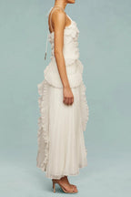 alva Sleeveless Folds Slit Maxi Dress in light white