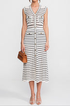 Flowering Girl Women Striped Sleeveless Knit Midi Dress With V-Neck And Gold Buttons - White/Black