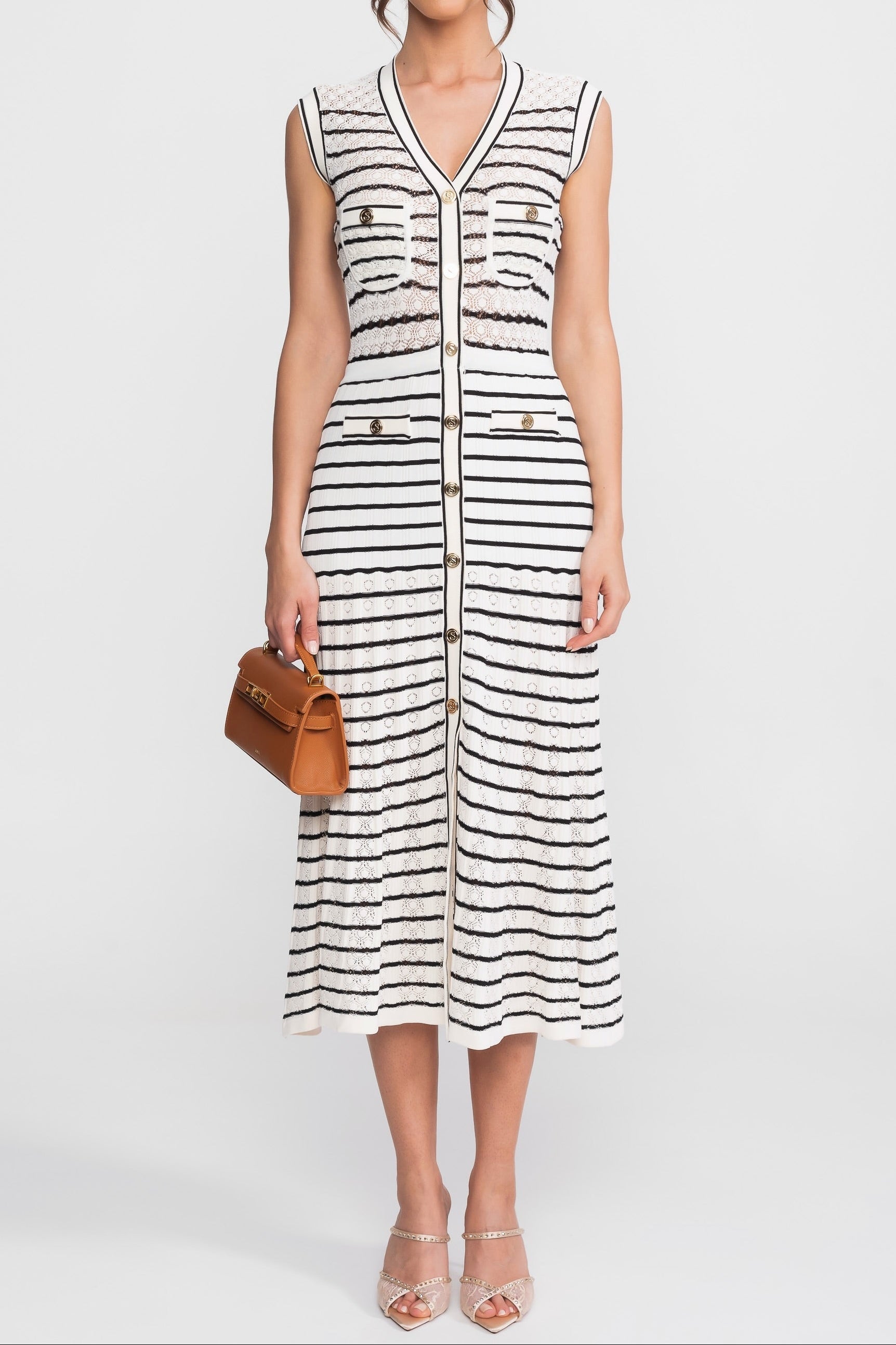 Flowering Girl Women Striped Sleeveless Knit Midi Dress With V-Neck And Gold Buttons - White/Black