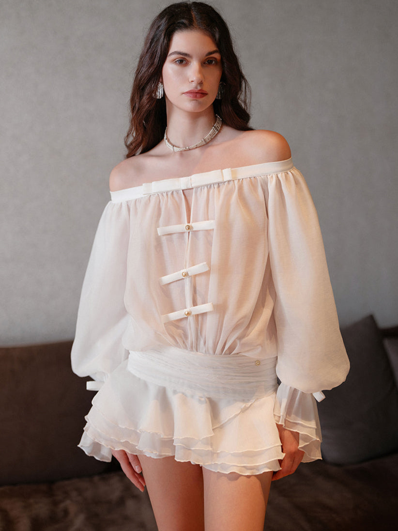 Flowering Girl Women puff sleeve strapless mini dress in pearl white