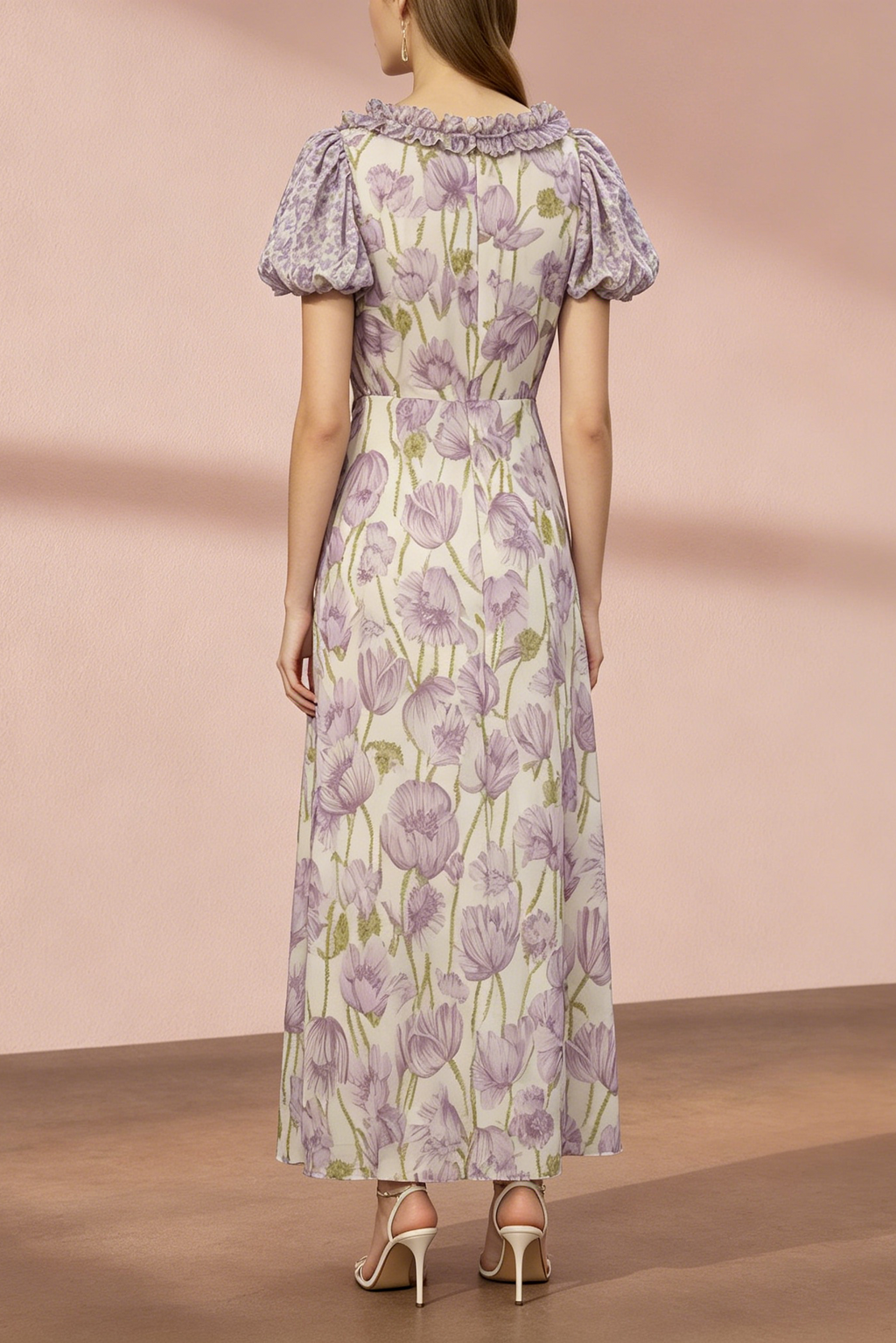 Purple Floral Puff Sleeve Midi Dress