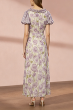 Purple Floral Puff Sleeve Midi Dress