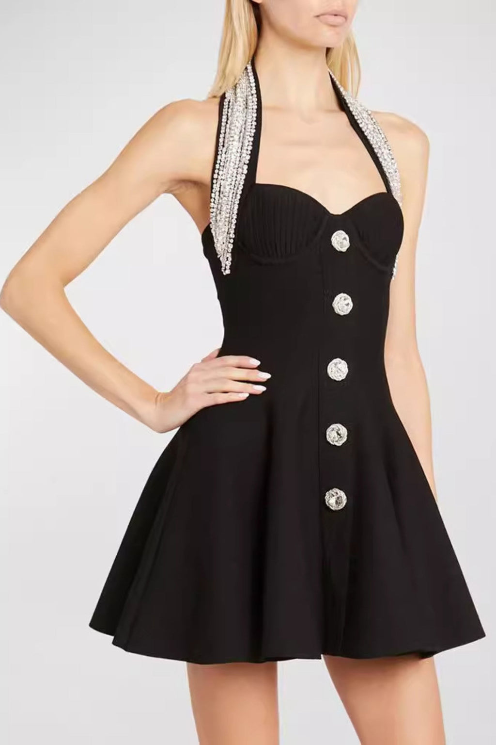 Flowering Girl Women Halter Buckle Mini Dresses In Black