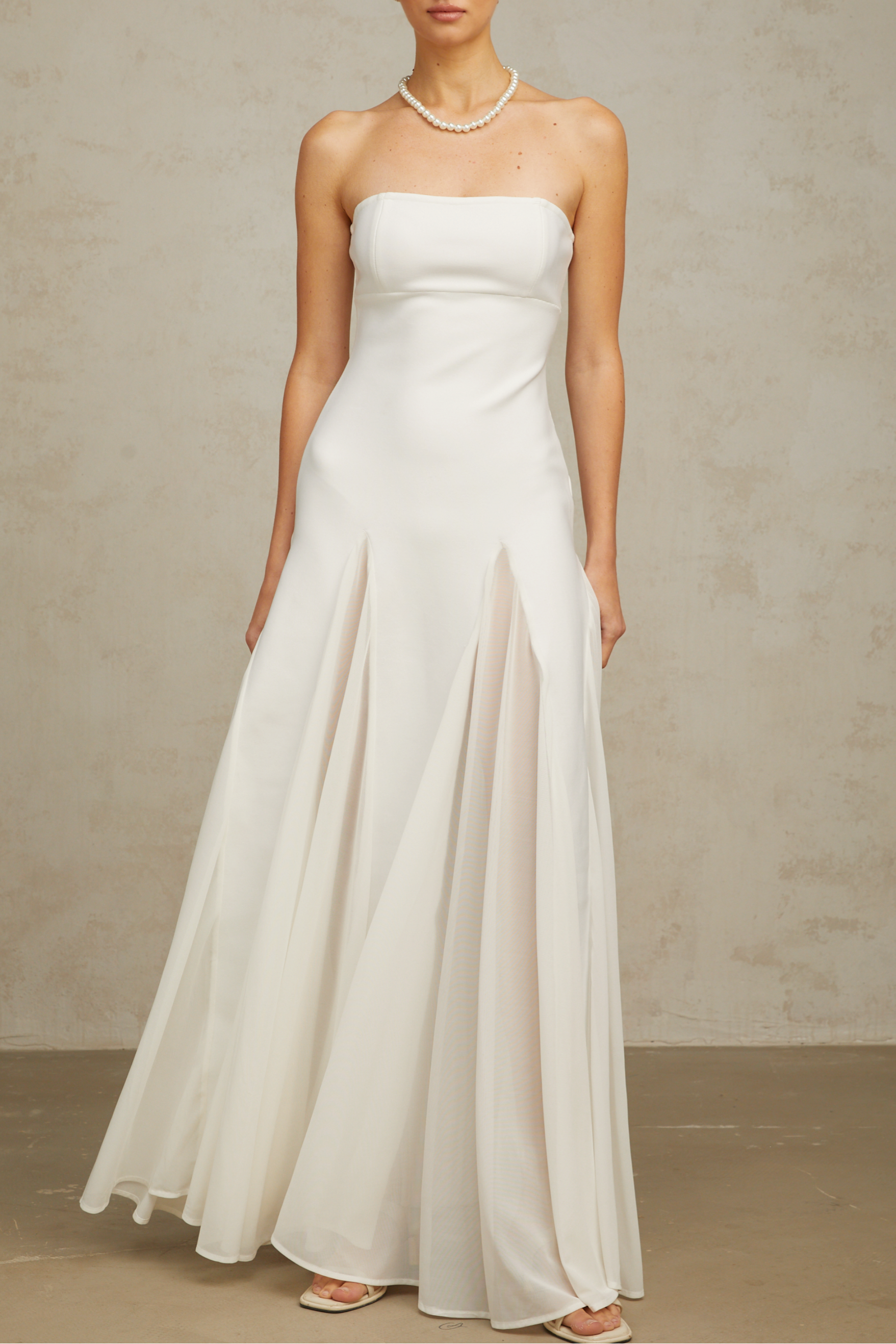 Nathalie White Tulle-Panelling Maxi Dress
