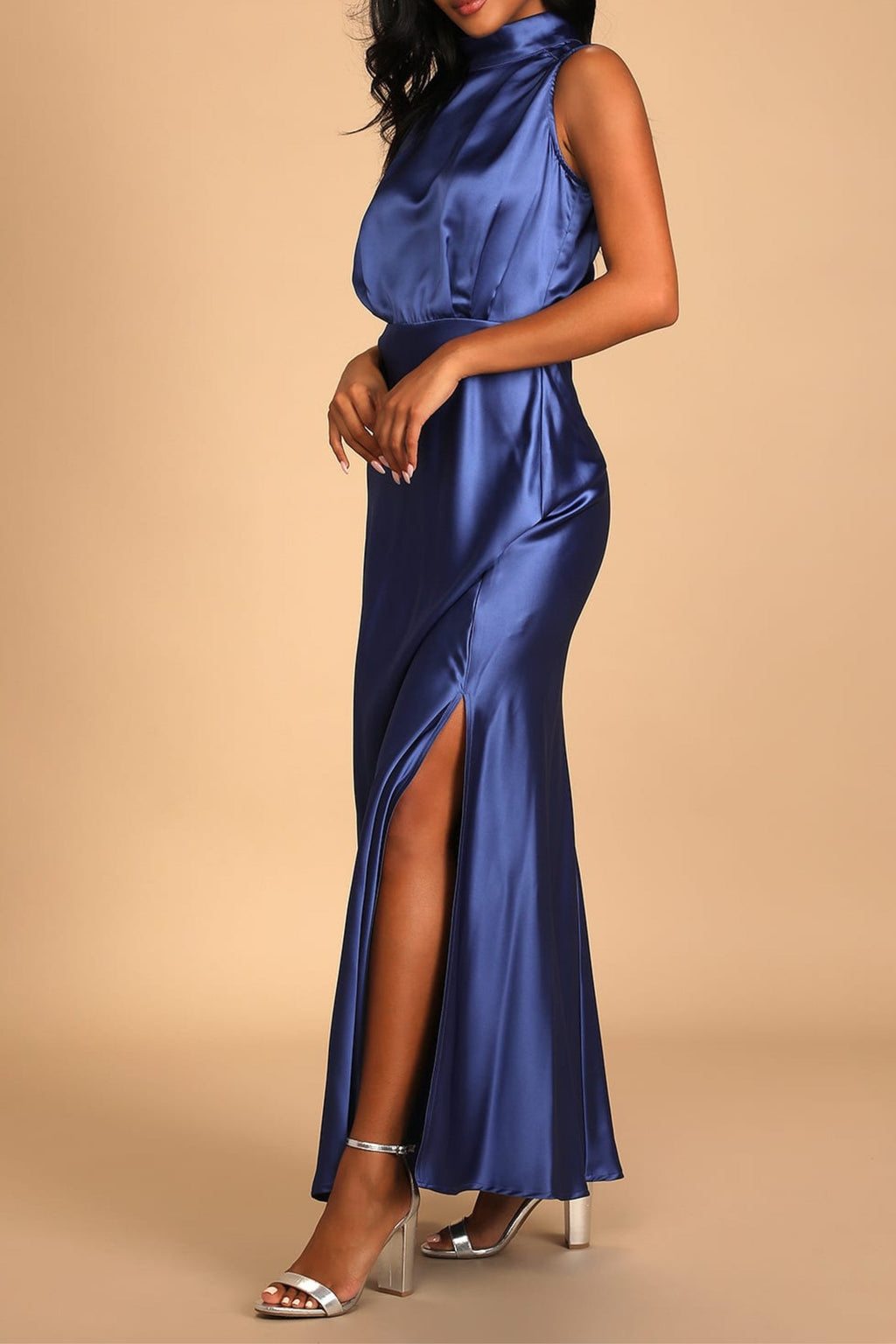 Flowering Girl Women Blue Satin Sleeveless Mock Neck Maxi Dress