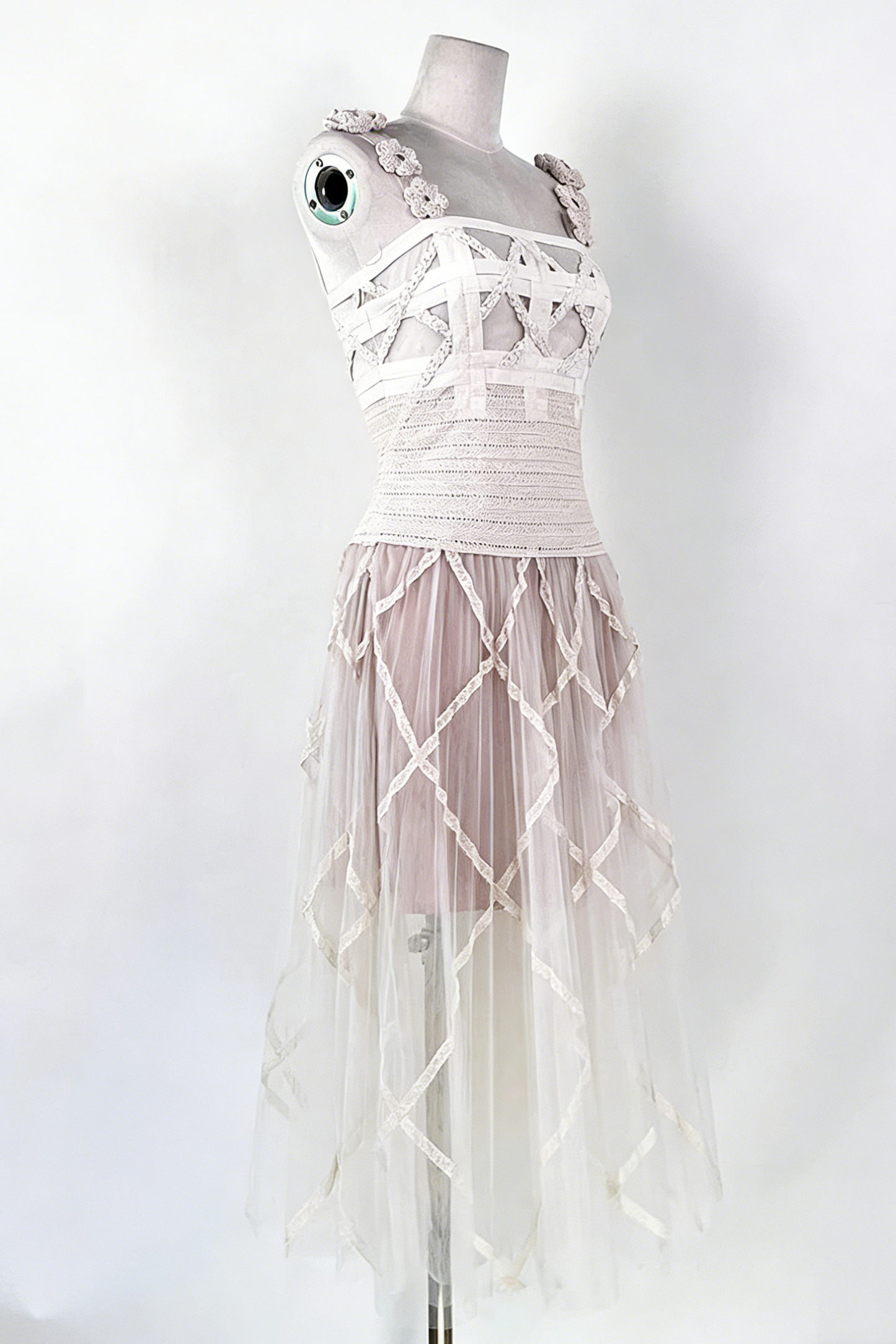 Cream Lace Corset Midi Dress with 3D Flower Straps