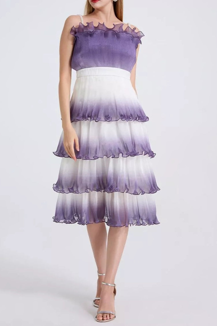Flowering Girl Women Purple Gradient Pleated Ruffle Trim Layered Mini Dress
