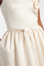 polly floral-appliqué satin midi dress in ivory