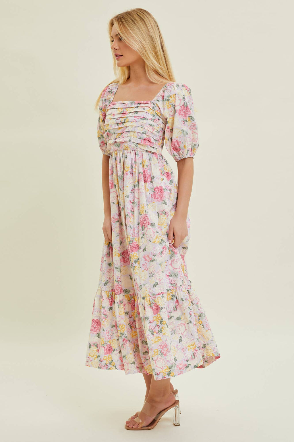 Flowering Girl Women Pleated Bodice Floral Midi Dress