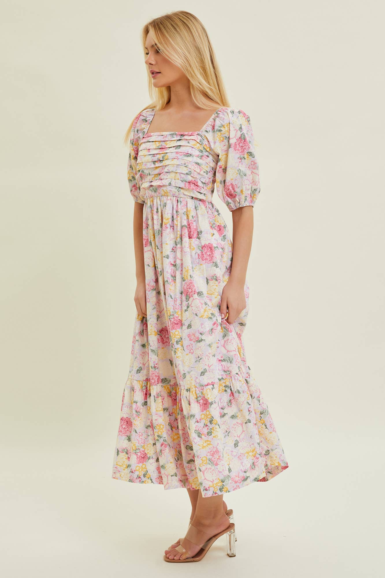 Flowering Girl Women Pleated Bodice Floral Midi Dress