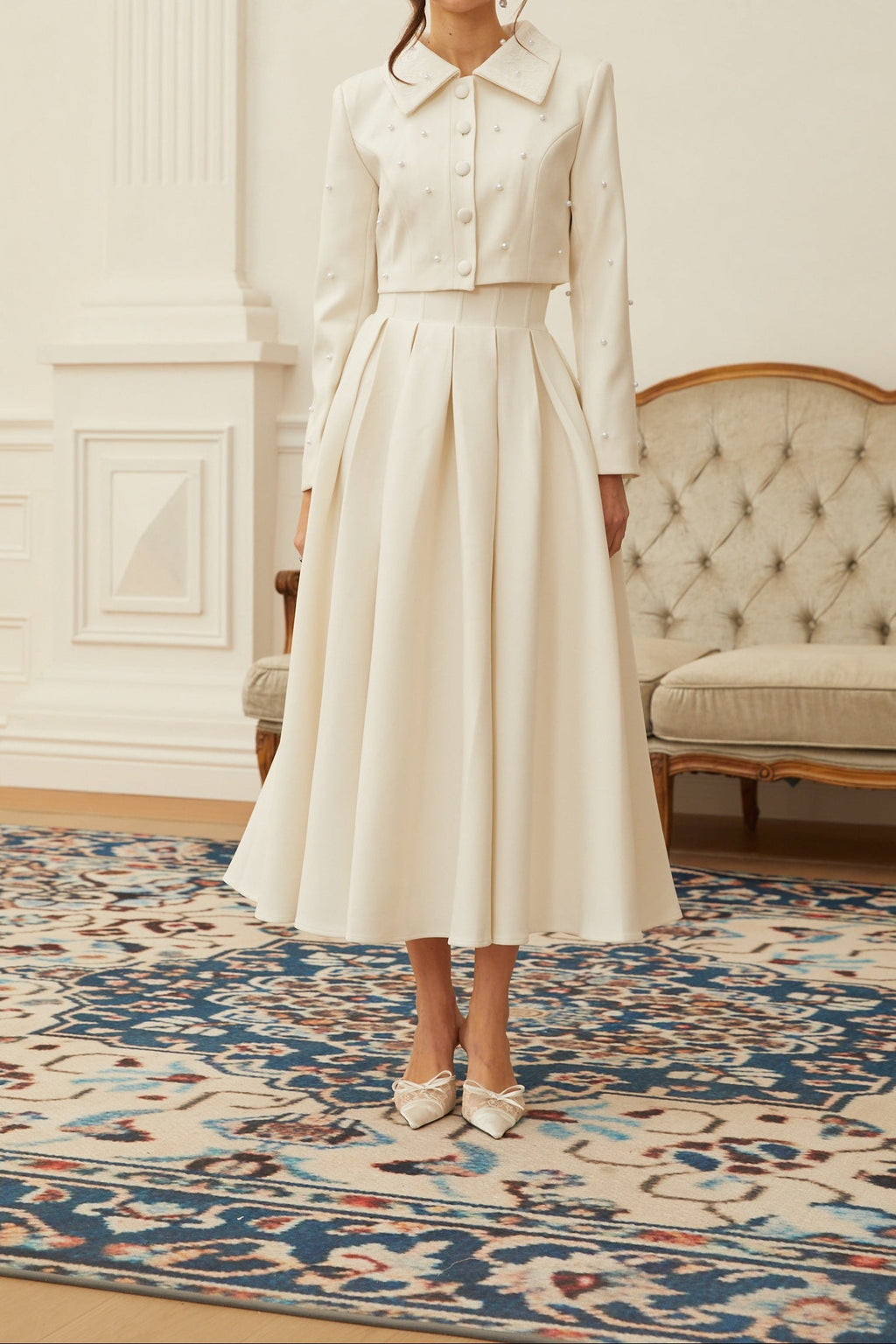 Flowering Girl Women Pearl Embellished Collar Crop Blazer &amp; High Waist Pleated Midi Skirt Two Piece Set