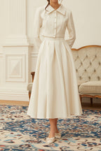 Flowering Girl Women Pearl Embellished Collar Crop Blazer &amp; High Waist Pleated Midi Skirt Two Piece Set