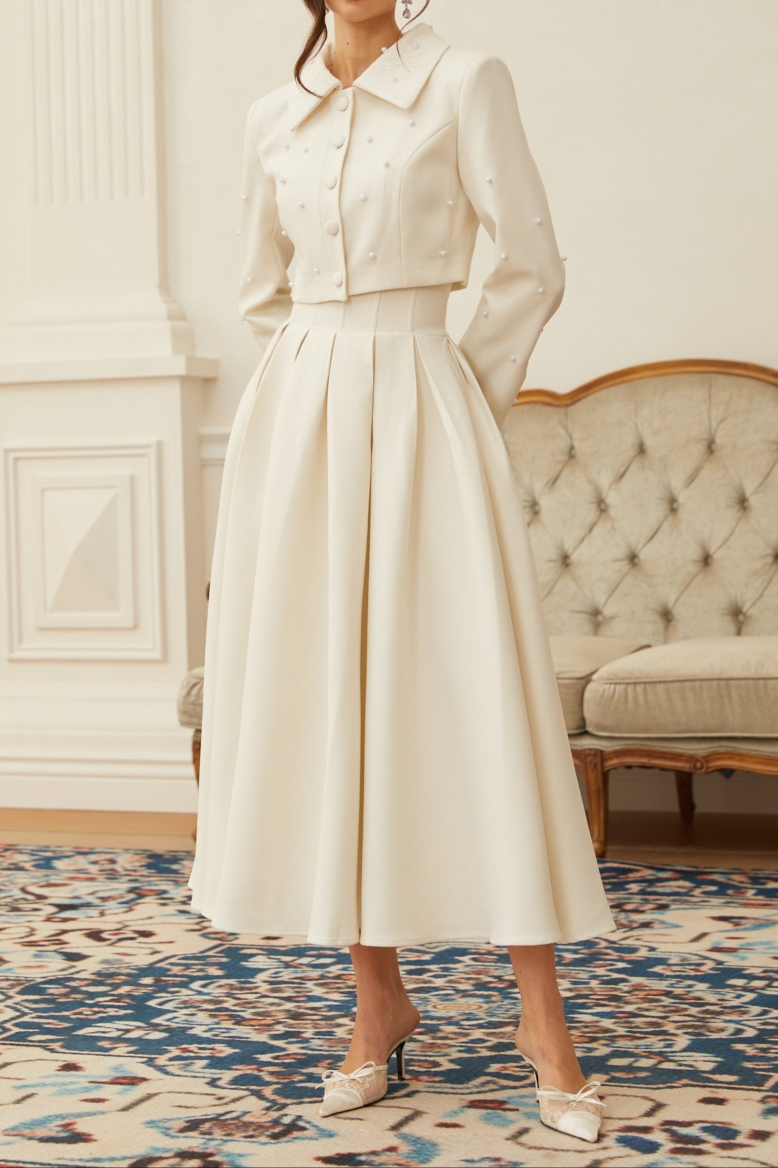 Flowering Girl Women Pearl Embellished Collar Crop Blazer &amp; High Waist Pleated Midi Skirt Two Piece Set