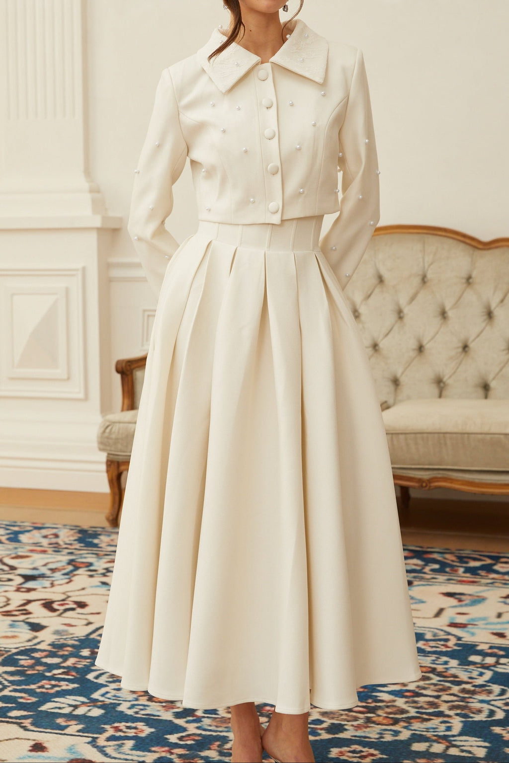 Flowering Girl Women Pearl Embellished Collar Crop Blazer &amp; High Waist Pleated Midi Skirt Two Piece Set