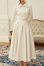 Flowering Girl Women Pearl Embellished Collar Crop Blazer &amp; High Waist Pleated Midi Skirt Two Piece Set