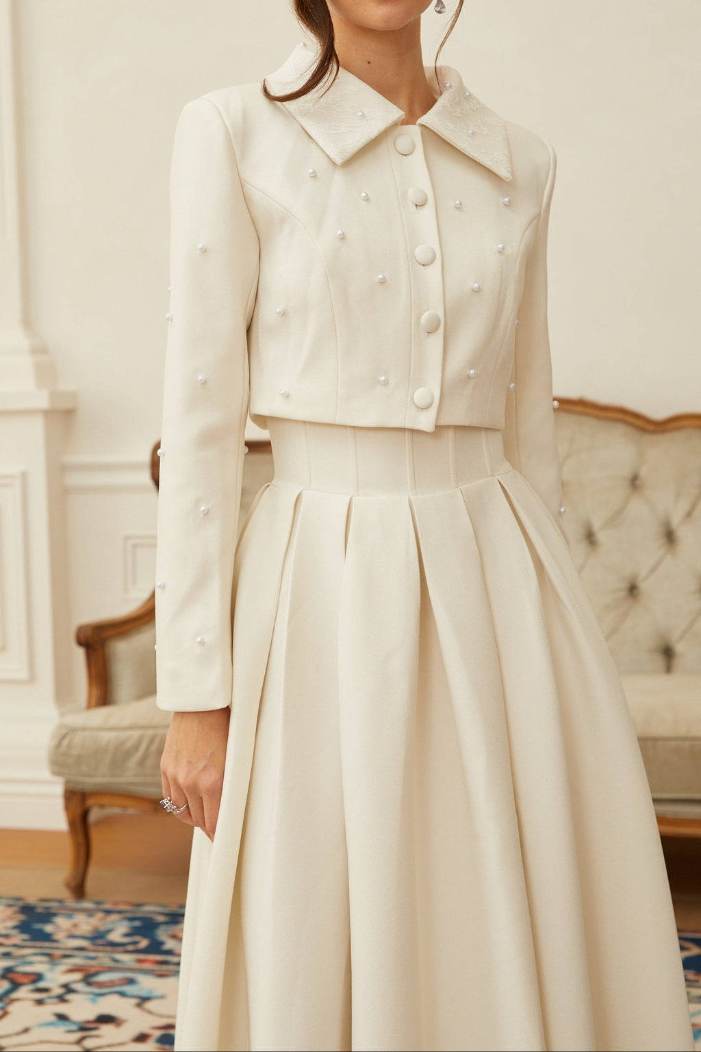 Flowering Girl Women Pearl Embellished Collar Crop Blazer &amp; High Waist Pleated Midi Skirt Two Piece Set
