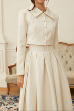 Flowering Girl Women Pearl Embellished Collar Crop Blazer &amp; High Waist Pleated Midi Skirt Two Piece Set