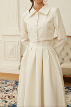 Flowering Girl Women Pearl Embellished Collar Crop Blazer &amp; High Waist Pleated Midi Skirt Two Piece Set